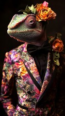 Stylish chameleon showcases contemporary floral fashion.