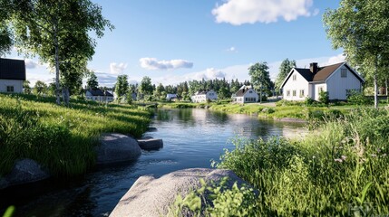 Obraz premium Serene riverside scene with houses and lush greenery.