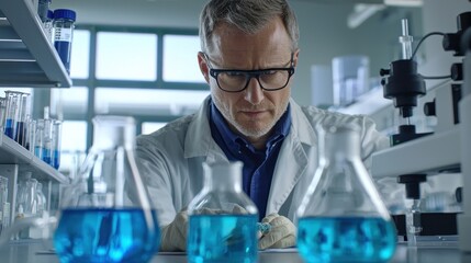 Scientist examining blue liquids in a laboratory setting.