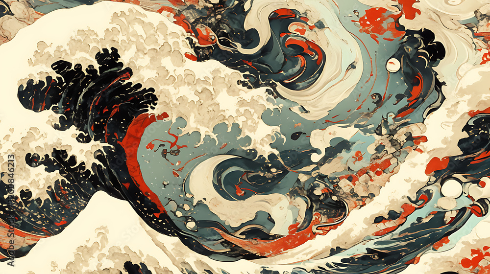 Aufkleber abstract depiction of swirling ocean waves with vibrant colors and dynamic movement in a serene sett