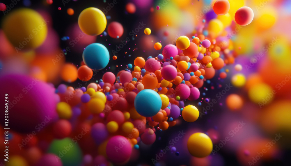 Poster colorful abstract spheres flowing in a vibrant dynamic pattern.