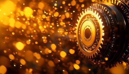 Close-up of a gear with shimmering golden sparks in motion.