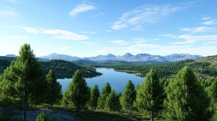 Serene landscape featuring a lake surrounded by mountains and trees.