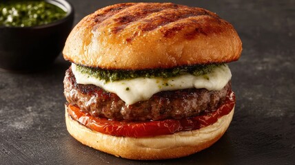 Grilled burger delight restaurant kitchen food photography modern setting close-up culinary art