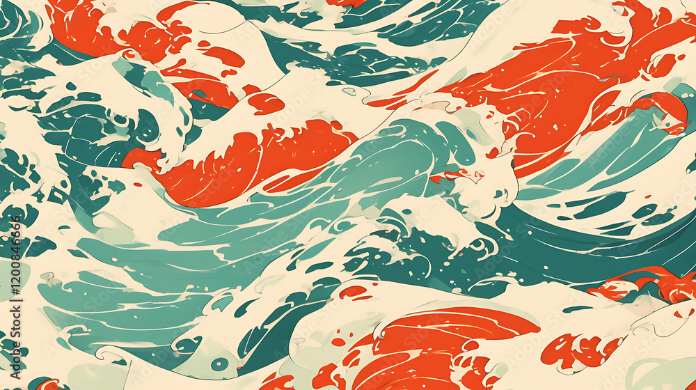 Poster abstract ocean waves with vibrant colors creating a dynamic pattern, evoking energy and movement