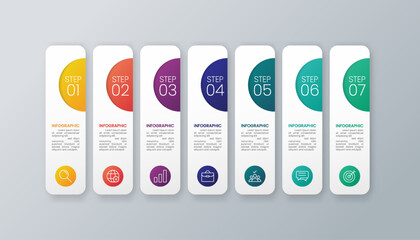 Modern business infographic template with 7 options or steps icons.
