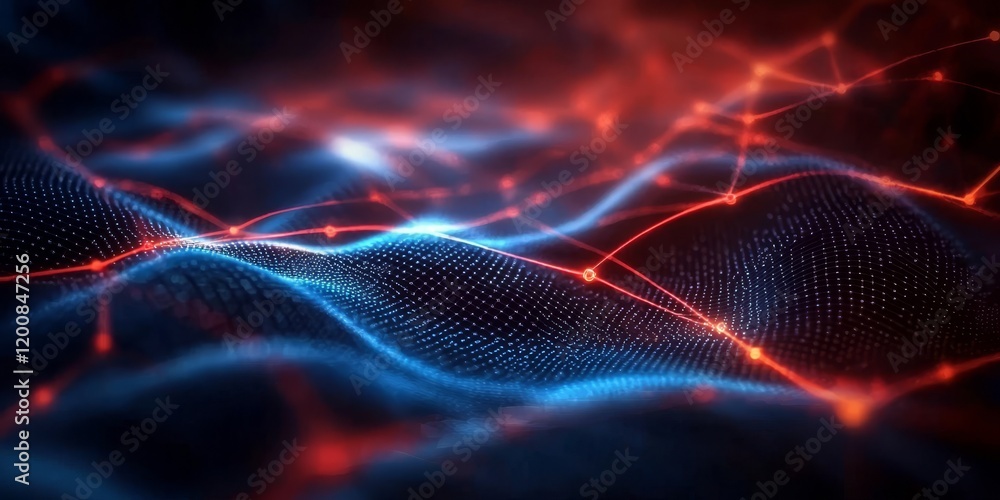 Poster visualization of interconnected particles illustrating artificial neurons.
