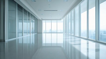 Obraz premium Modern Office Corridor: Sunlight streams into a sleek, modern office corridor with floor-to-ceiling windows offering a panoramic city view. The polished floors reflect the light.