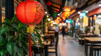 Naklejka premium Festive Asian Street Scene with Red Lanterns and Plants