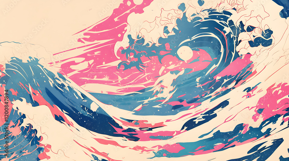 Aufkleber ocean waves crashing under a colorful sunset, creating a dynamic and serene atmosphere
