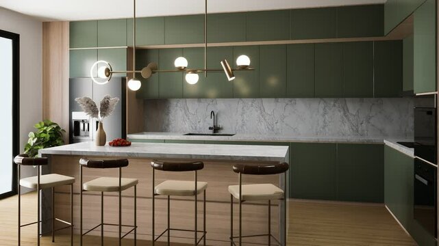 A modern kitchen with green cabinetry, a sleek island, pendant lighting, and minimalist decor, creating a stylish and functional space. 4k animation 3d rendering kitchen room interior.