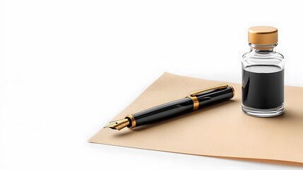 Elegant writing tools transparent cutout of a fountain pen and ink bottle on beige paper studio setting minimalist design