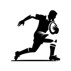 Isolated black and white vector illustration of a male rugby player on a white background.