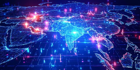 Obraz premium Digital map representation of South East Asia highlighting connectivity.