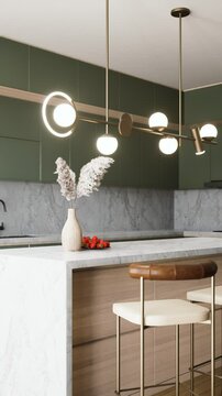 A modern kitchen featuring a stylish pendant light, a marble countertop, and decorative elements, creating a chic and inviting atmosphere. 3d rendering interior animation.