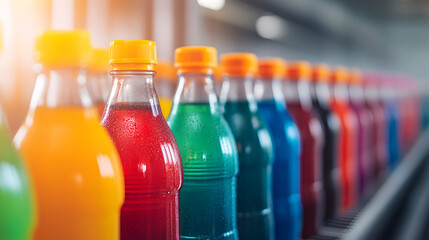 Product photography of colorful beverage bottles in a bright factory environment