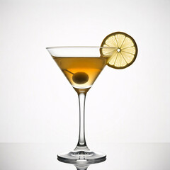 Martini cocktail with lemon and olive on a white background, isolated