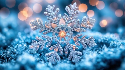 Close-Up of a Sparkling Snowflake on Frosty Surface with Bokeh Lights