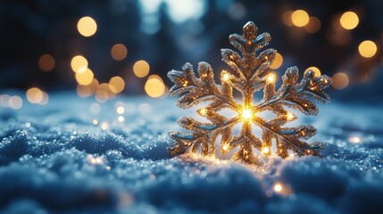 Illuminated Snowflake on Snowy Ground with Bokeh Lights in Forest Setting