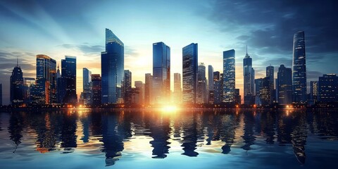 Skyscrapers of a smart city glowing in sunset hues. 