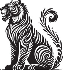 Obraz premium Black Color Tiger Silhouette Vector Illustration, Solid White Background