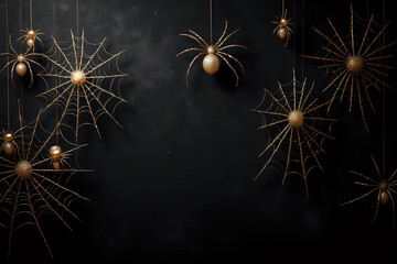 Intricate golden spiderwebs fake cobwebs and spider decorations hanging with dark black grunge background, Halloween themes, spooky horror decor, eerie mysterious atmosphere, haunted house atmosphere.