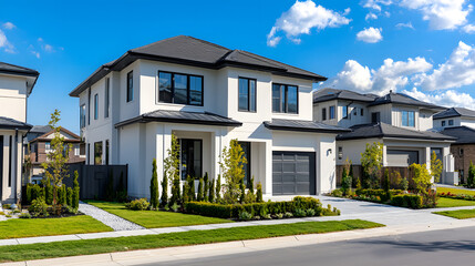Obraz premium Modern Two-Story Suburban House with White Stucco Exterior and Garden