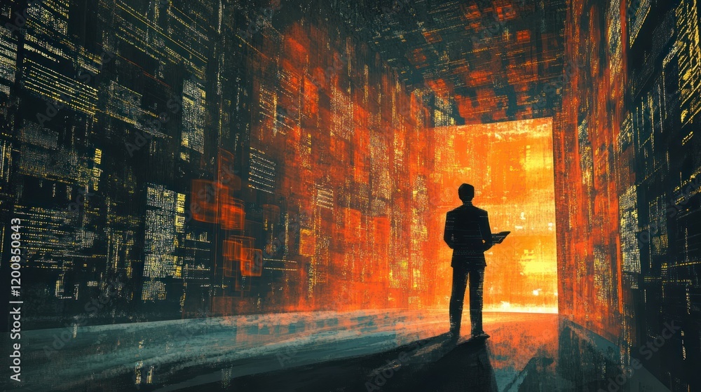 Poster man with tablet facing glowing data portal.