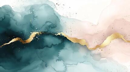 Obraz premium Metallic watercolor concept. Abstract watercolor art with teal, pink, and gold accents, creating a modern aesthetic.
