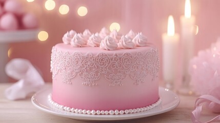 Elegant Pink Ombre Cake with Lace Design