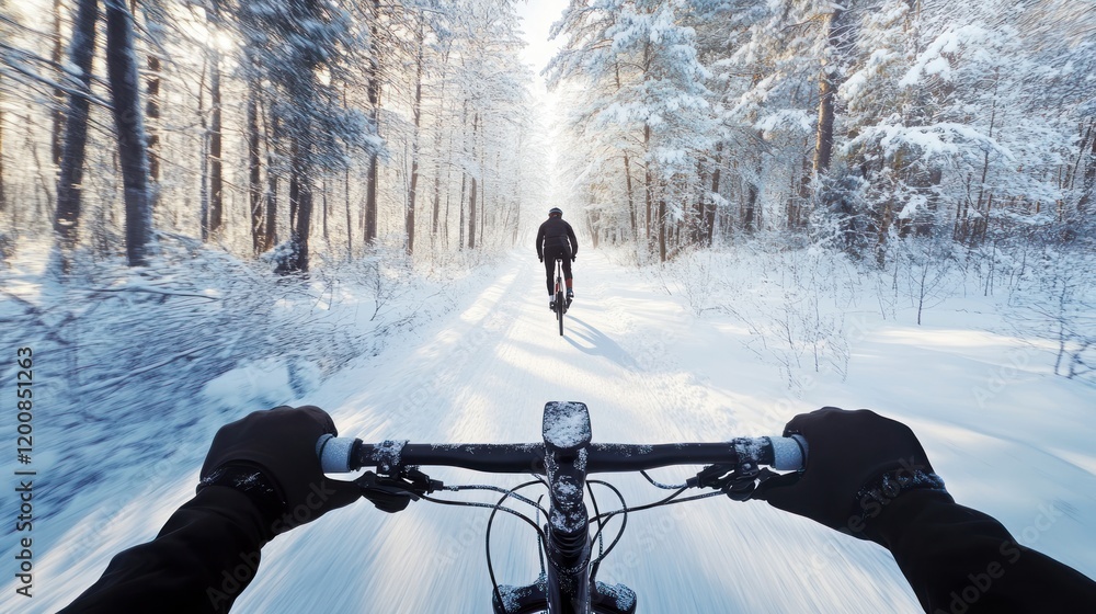 Poster First-person view of two cyclists riding on a snowy path through a winter forest.
