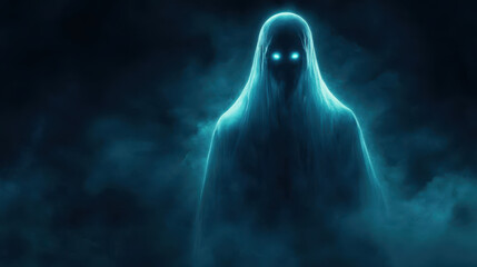 Translucent phantom with glowing eyes in dark misty atmosphere