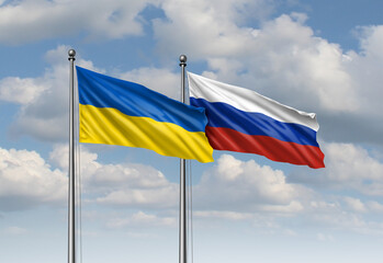 Ukraine And Russia flag symbols as  a negotiations concept to negotiate a peace agreement or cease fire to mediate mediation and arbitration betweem Moscow and Kyiv to end the war.