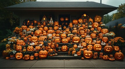Festive Halloween Display of Carved Pumpkins on Porch Steps