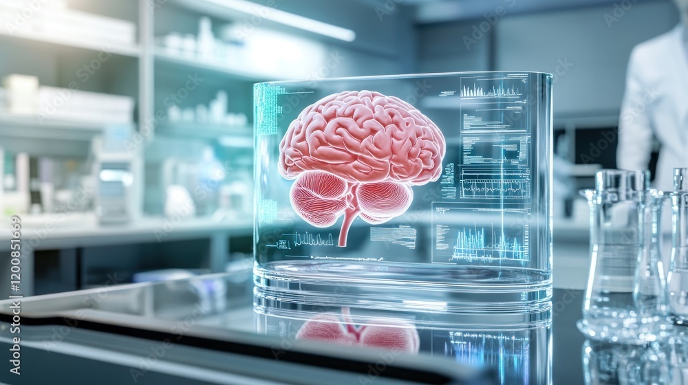 Poster holographic brain display in modern laboratory setting