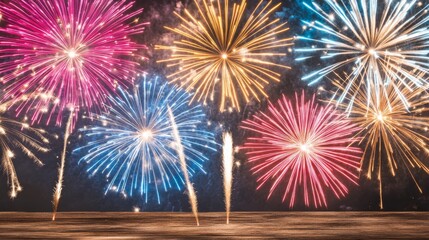 Festive Fireworks Display Over Wooden Deck Night Celebration