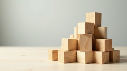 A collection of natural, unfinished wooden blocks arranged in a pyramid shape on a light-colored wooden surface against a neutral background.