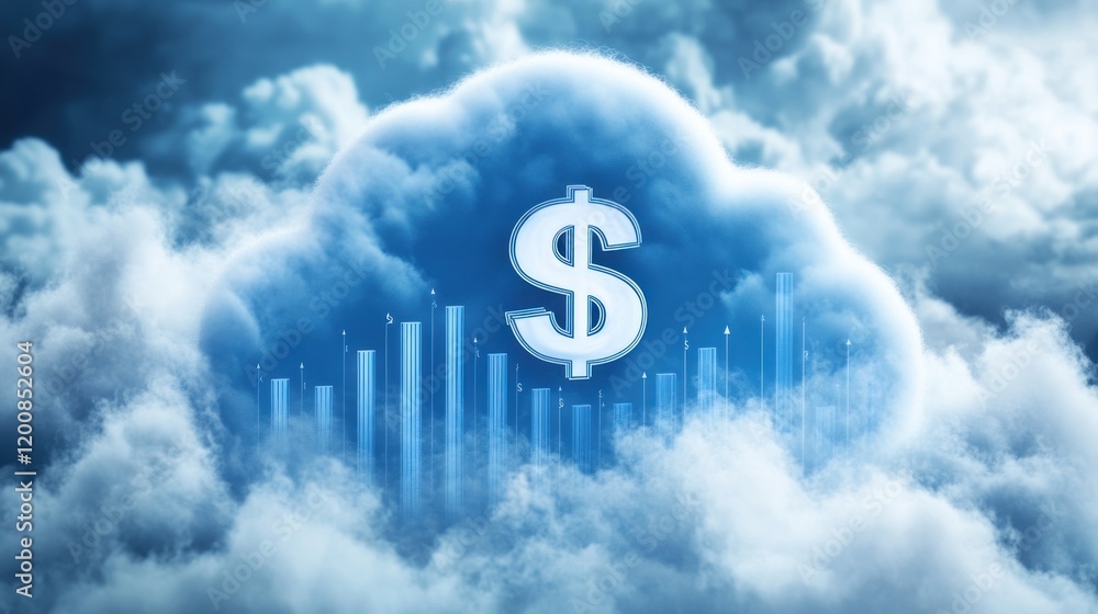 Poster cloud computing financial growth: dollar sign in a cloud with rising charts representing financial s