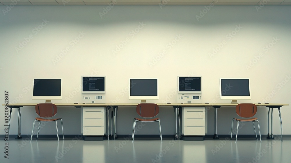 Aufkleber modern high-tech office with computers on desks in minimalist style