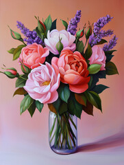 Obraz premium vibrant bouquet of pink and coral roses with lavender accents in glass vase, set against gradient background