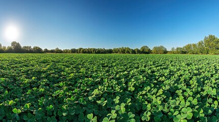 Sunny Clover Field Landscape  Agricultural farmland under bright sun, trees background, panoramic view