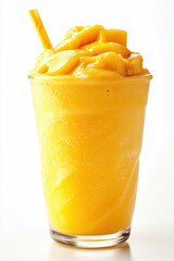 A refreshing glass of vibrant yellow mango smoothie with a straw, featuring a creamy and smooth texture, perfect for a tropical treat.