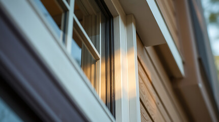 Obraz premium Golden Hour Light on a Wooden House Window: Architectural Detail and Design