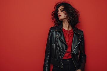 model with fake leather jacket on red background