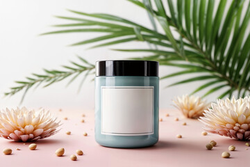 Blue Cosmetic Jar Mockup with Blank Label on Pink Background for Product Design