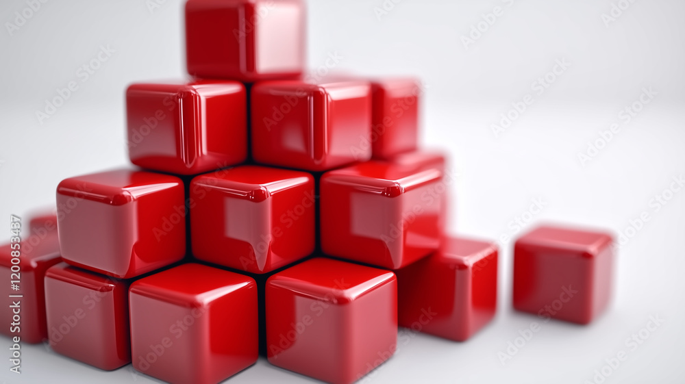 Poster pyramid of glossy red cubes is stacked on smooth white surface, creating striking contrast. cubes ar