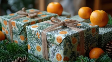 Festive Wrapped Gifts Surrounded by Oranges and Pine Cones in Cozy Setting