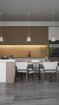 A modern kitchen-dining area featuring minimalist design with wooden cabinetry, stylish chairs, and natural light. 3d rendering interior scene in vertical 4K video.