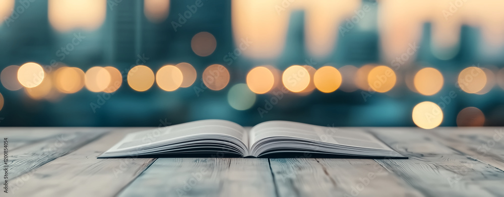 Poster open book lies on wooden table with blurred cityscape in background, creating serene and contemplati