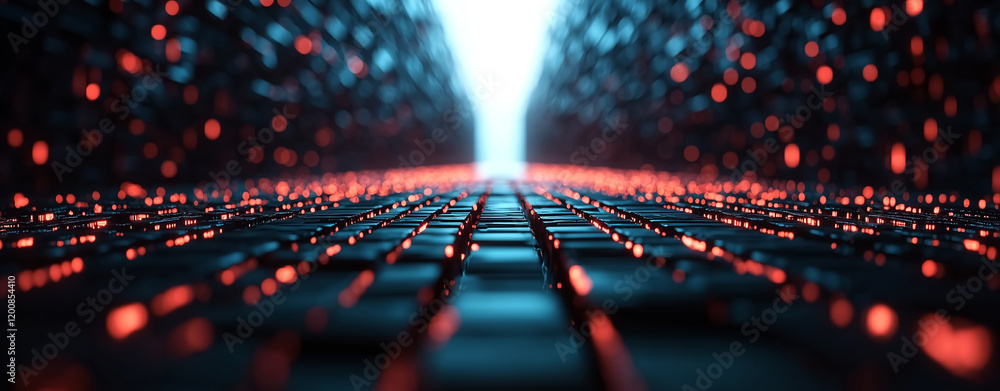 Poster futuristic digital landscape with glowing red and blue lights creates sense of depth and technology.